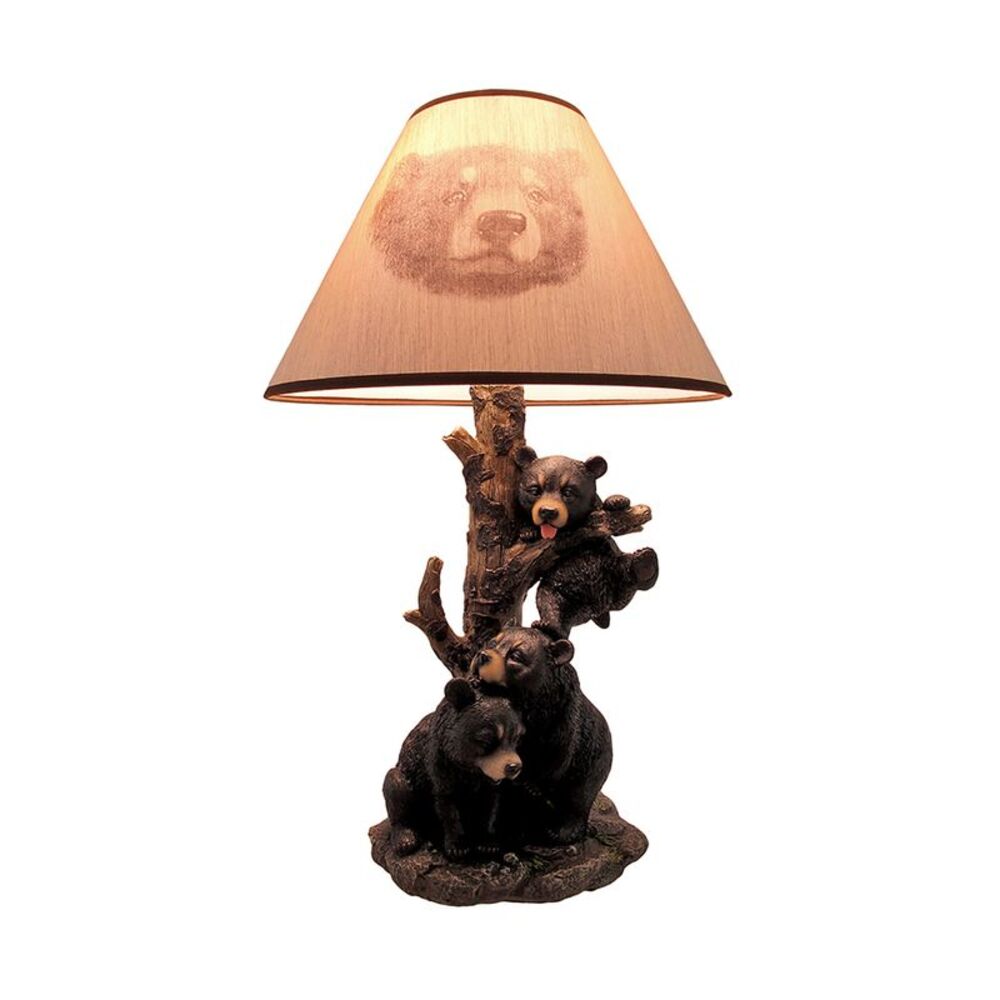 Black Bear Family Table Lamp W/ Tree Bark Print Shade